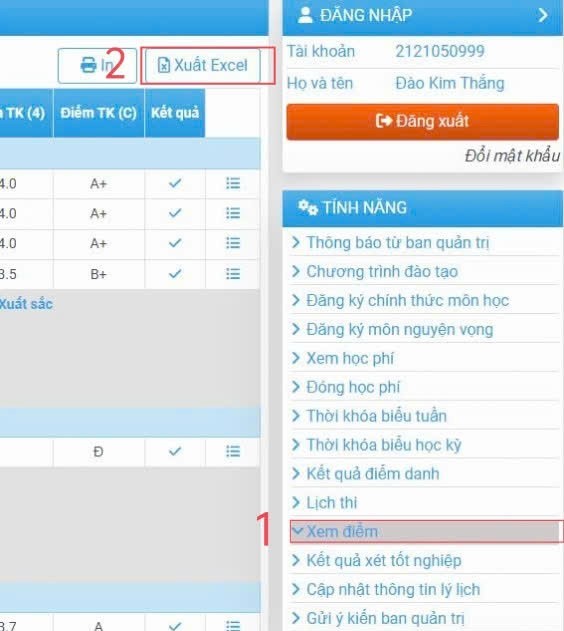 Giao diện xem điểm